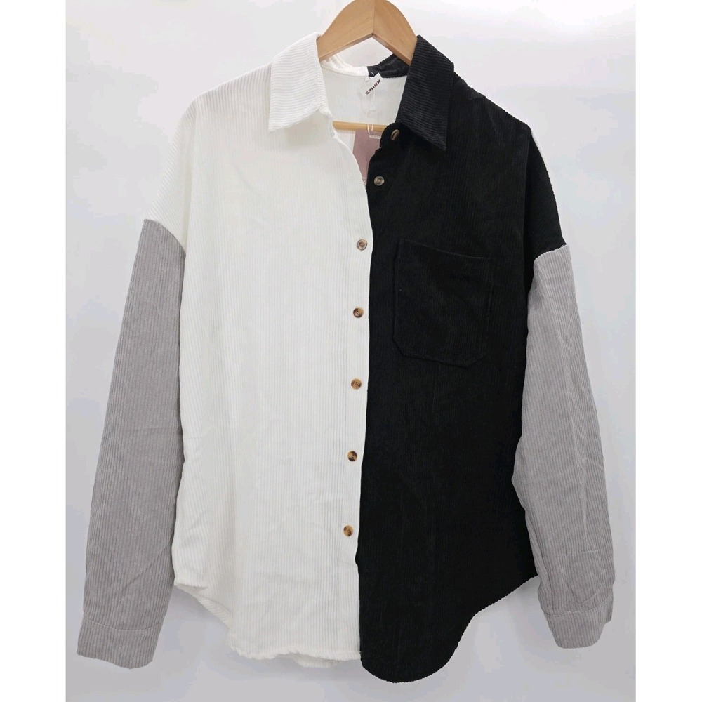 NWT Oversized Color Block Ribbed Button Front Shirt L Long Sleeve Black White - Picture 3 of 13